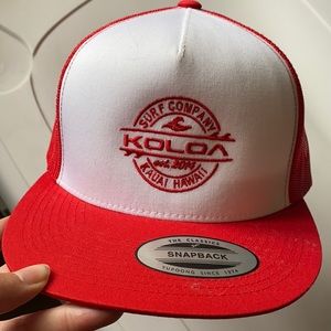 Koloa surf company.  Snap back red/white hat. New, with tags.